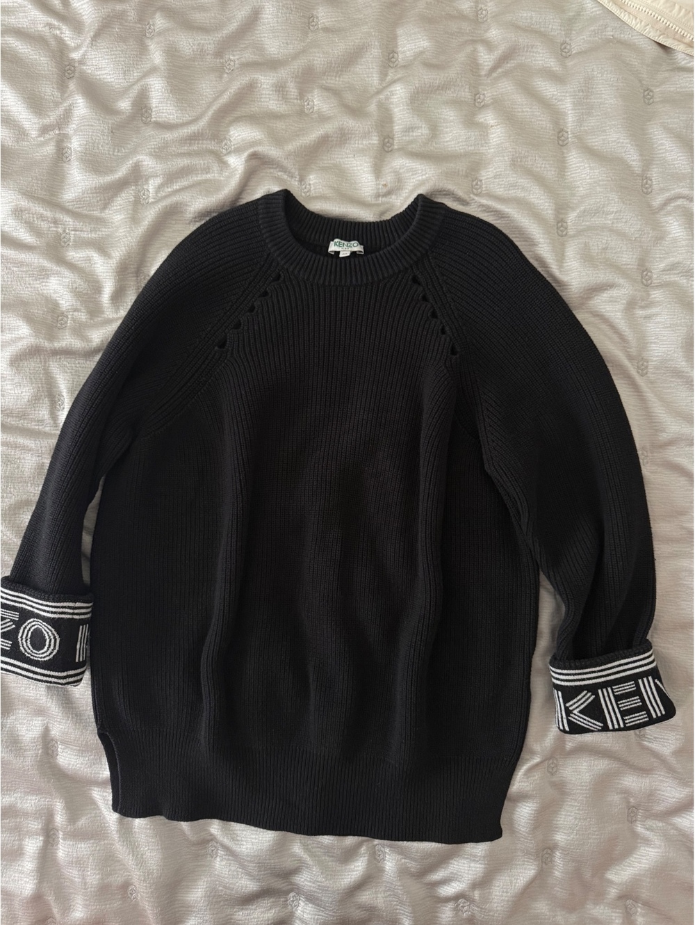 Kenzo Paris Black Chunky Knit Logo Cuff Sweater Women’s M Cotton Wool Blend